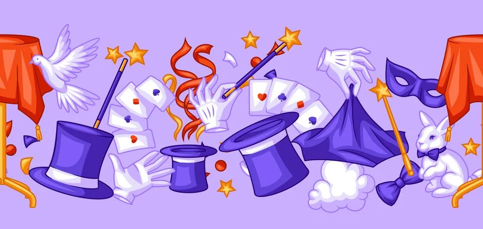 Magician seamless pattern with magic items. Illusionist show or performance Stock Illustration