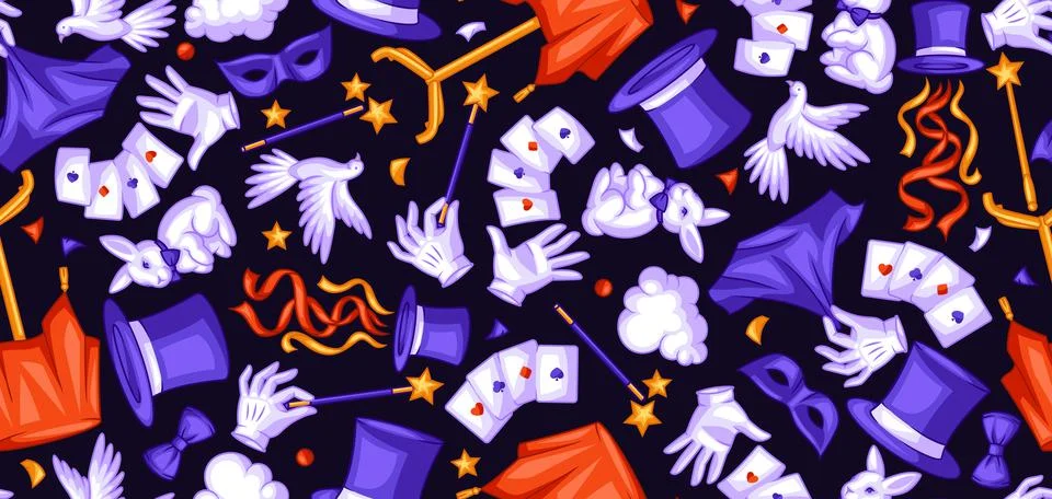 Magician seamless pattern with magic items. Illusionist show or performance Stock Illustration