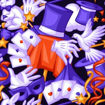 Magician seamless pattern with magic items. Illusionist show or performance Stock Illustration