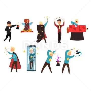 Magician showing tricks and focuses set of vector Illustrations isolated on a Stock Illustration