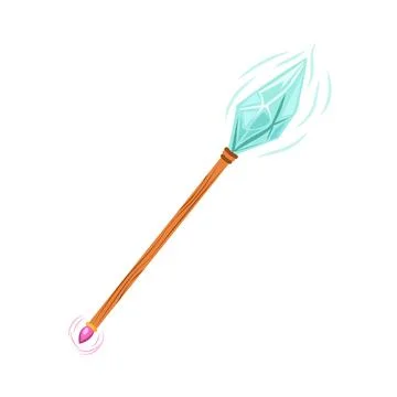 Magician staff in flat design. Magic stick with blue mystery energy crystal.. Stock Illustration