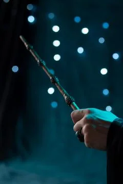 The magician's hand holds a magic elder wand Stock Photos