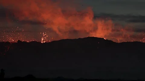 Magma exploding from crater at night, ominous dark scenery, Iceland Stock Footage 246899813