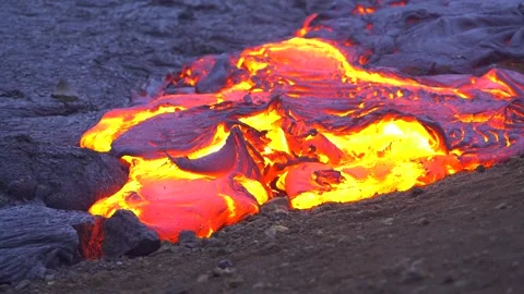 Magma Lava Flow Timelapse Close Up Red Hot Iceland. High Quality 4K Color Stock Footage 256712813