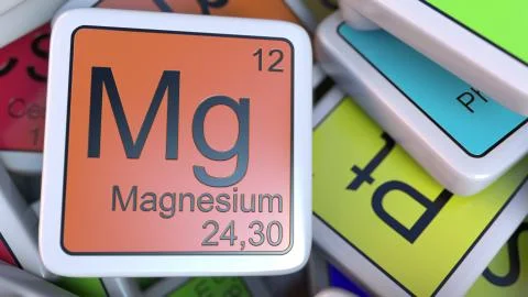 Magnesium block on the pile of periodic table of the chemical elements blocks Illustrazione stock