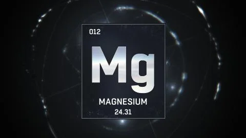 Magnesium as Element 12 of the Periodic Table 3D animation on silver background Stock Illustration