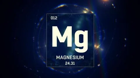 Magnesium as Element 12 of the Periodic Table 3D animation on blue background Stock Illustration
