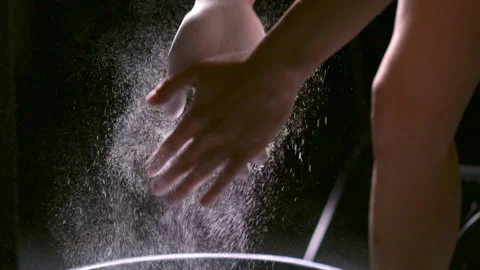 Magnesium female hands powder clapping. Gym chalk grip woman clapped prepearing. Stock Footage 153241583