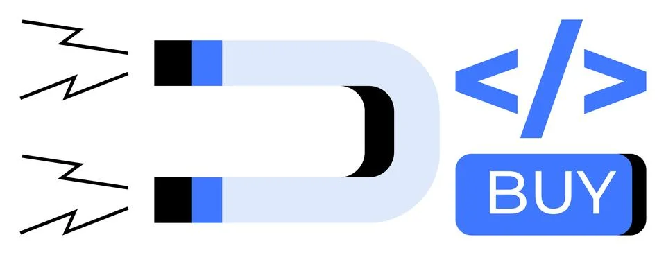 Magnet attracting a code symbol and buy button, illustrating digital market.. Stock Illustration