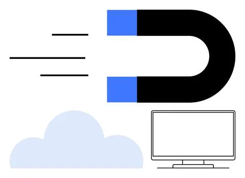 Magnet attracting data from the cloud to a computer, symbolizing data transfer Illustrazione stock