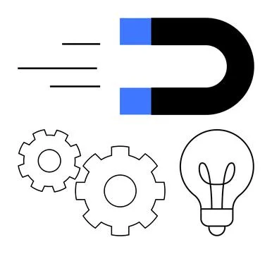 Magnet Attracting Ideas and Solutions Light Bulb and Gears Representing Inn.. Stock Illustration