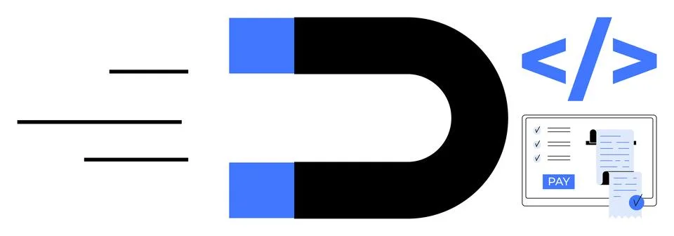 Magnet attracting online code development tools for electronic payment and .. Illustrazione stock
