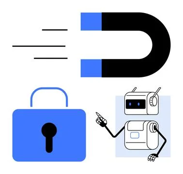Magnet Drawing Objects Towards Security Lock and Robot Providing Solutions Stock Illustration