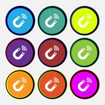 Magnet icon sign. Nine multi colored round buttons. Vector Illustrazione stock