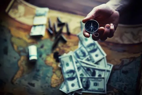 Magnetic compass. The concept of finding successful solutions problems. Stock Photos