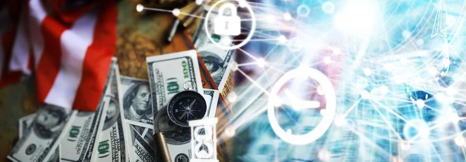 Magnetic compass. The concept of finding successful solutions problems. Com.. Stockfoto's
