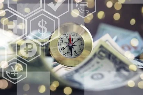 Magnetic compass. The concept of finding successful solutions to problems. .. Stockfoto's