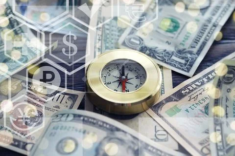 Magnetic compass. The concept of finding successful solutions to problems. .. Stockfoto's