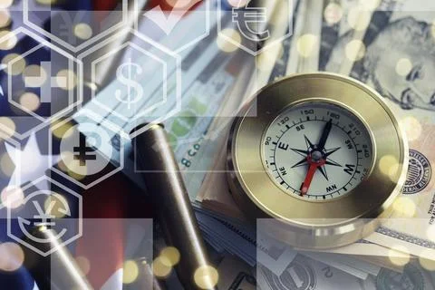 Magnetic compass. The concept of finding successful solutions to problems. .. Stockfoto's