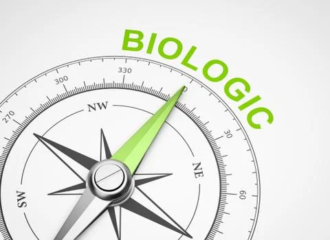Magnetic Compass with Needle Pointing Green Biologic Word on White Background Stock Illustration