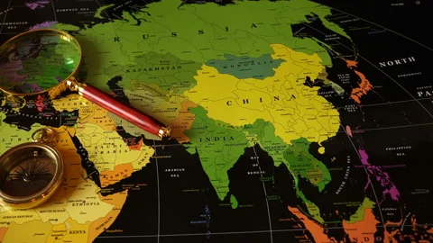 Magnetic Compass On The Physical Map Of The World. Stock Footage 118691428