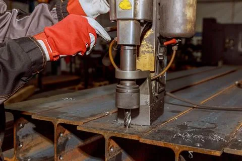 Magnetic drilling machine. HSS rotabroach type cutters magnetic drill hole Stock Photos