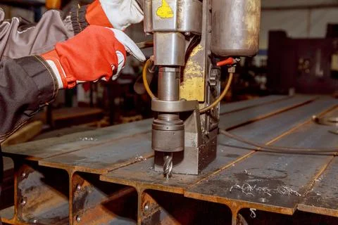 Magnetic drilling machine. HSS rotabroach type cutters magnetic drill hole Stock Photos