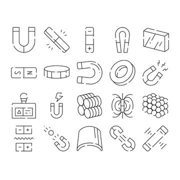 Magnetic field and force science outline icons Stock Illustration