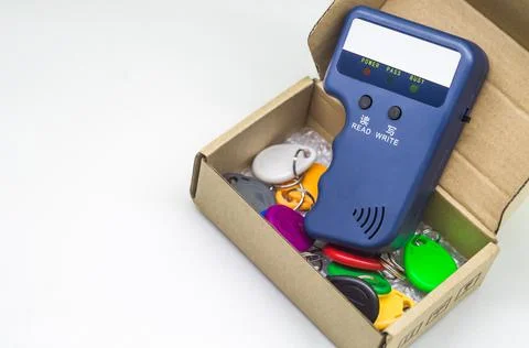 Magnetic key programmer. Duplicator for intercom keys. Electronic equipment for Foto stock