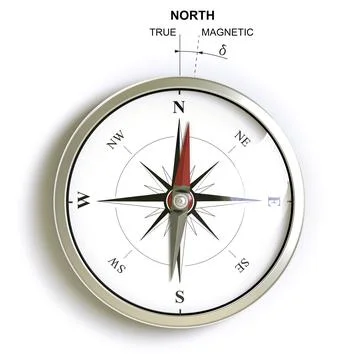 Magnetic north declination and angular difference with true north. Illustrazione stock