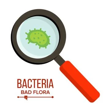 Magnifer And Germs Vector. Bacteria Sign Through Magnifying Glass. Microbes.  Stock Illustration