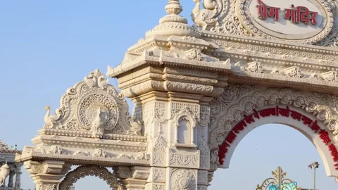 Magnificent Prem Mandir gateway featuring detailed carvings and devotional .. Stock Footage 337170100