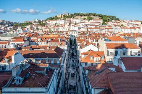 Magnificent view on old town Lisbon and castle de Sao Jorge, seen from icon.. Stock Photos