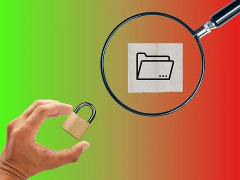 Magnifier for advertising security data with a wood block icon file, a hand.. Foto stock