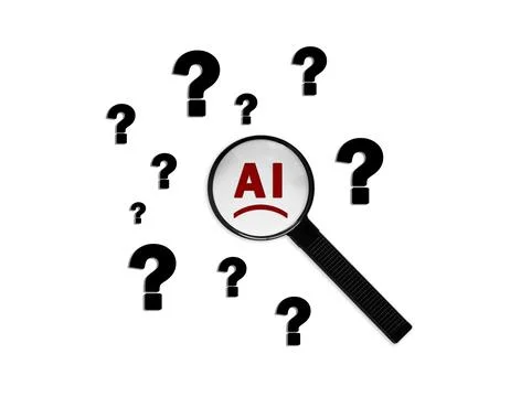 Magnifier on AI among question marks Stock Illustration