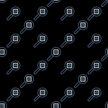 Magnifier with AI Chip vector AI Technology linear seamless pattern Illustrazione stock