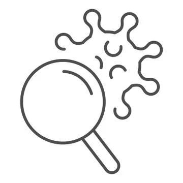 Magnifier and bacteria thin line icon. Dangerous cell through magnifying glass Stock Illustration