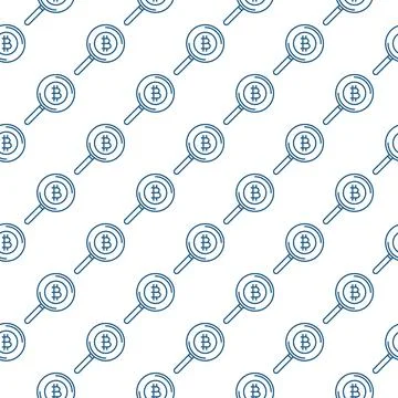 Magnifier with Bitcoin vector Cryptocurrency seamless pattern in outline styl Stock Illustration