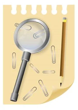Magnifier loupe on  a sheet of notepad Stock Illustration