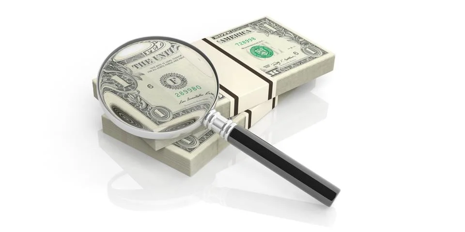 Magnifier Money dollar 1 stack white background Illustrazione stock