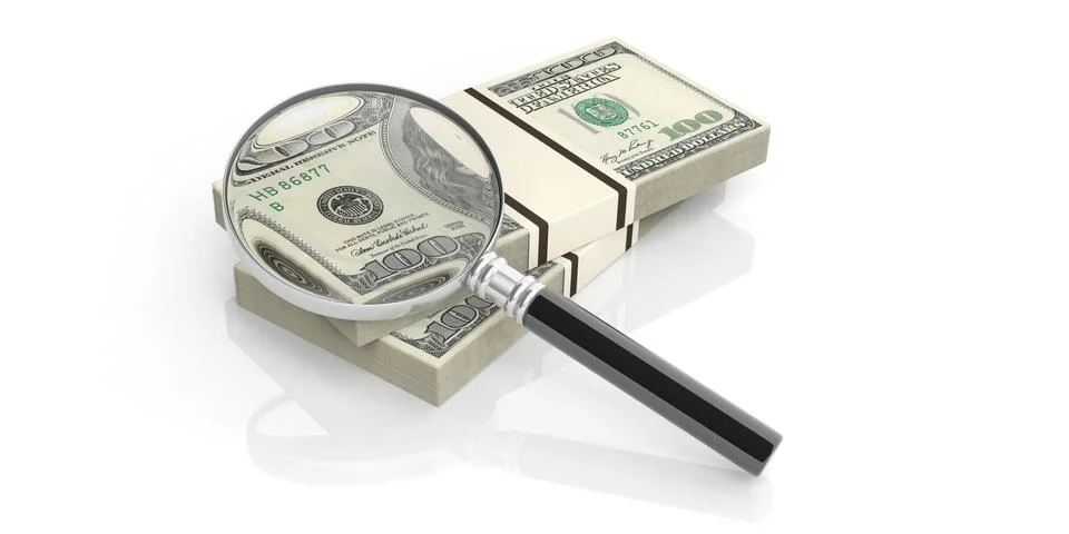 Magnifier Money dollar 100 stack white background Illustrazione stock