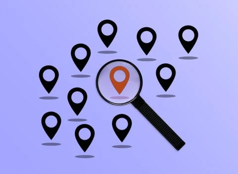 Magnifier on red map pointer among several other pins Stock Illustration