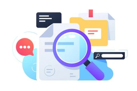 Magnifier searching infortmation using documents and internet. Illustrazione stock