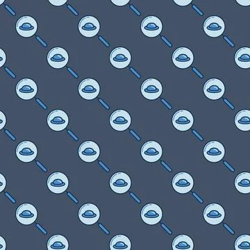 Magnifier with UFO vector Alien Life Searching seamless pattern Stock Illustration