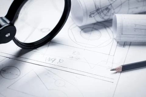 Magnifier for work with small details of the engineering drawing Foto stock