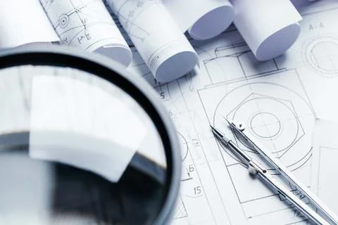 Magnifier for work with small details of the engineering drawing Foto stock