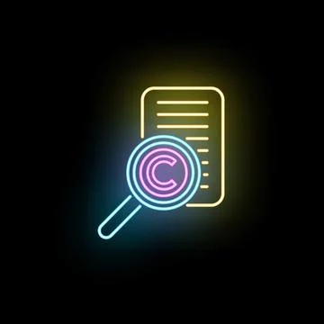 Magnifying copyright document neon glowing icon Stock Illustration