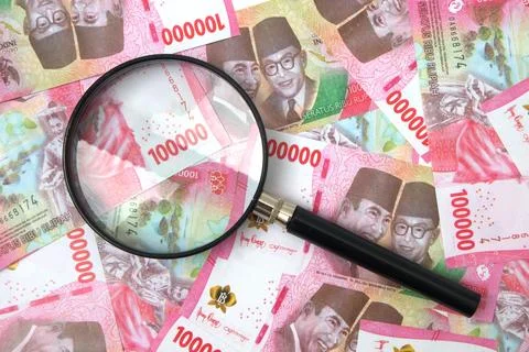 Magnifying glass above a stack of 100,000 rupiah bills Stock Photos
