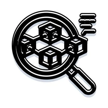Magnifying glass analyzing blockchain network data security Stock Illustration