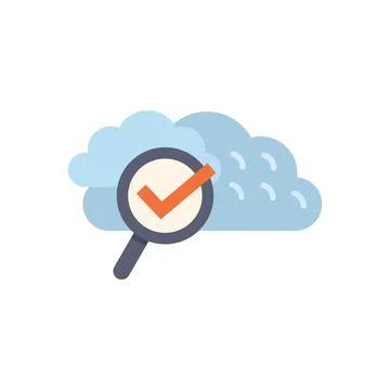 Magnifying glass analyzing cloud computing data with check mark symbol Stock Illustration